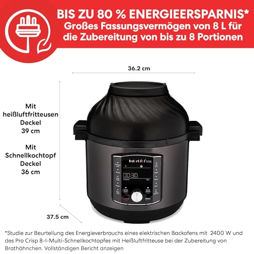Instant Pot Pro Crisp 11 in 1 Elektro Multikocher – Schnellkochtopf, Heißluftfritteuse, Slow Cooker, Dampfgarer, Grill, Dörrgerät und Sous Vide Maschine – Schwarzer Edelstahl,1500 W, 7.6 L