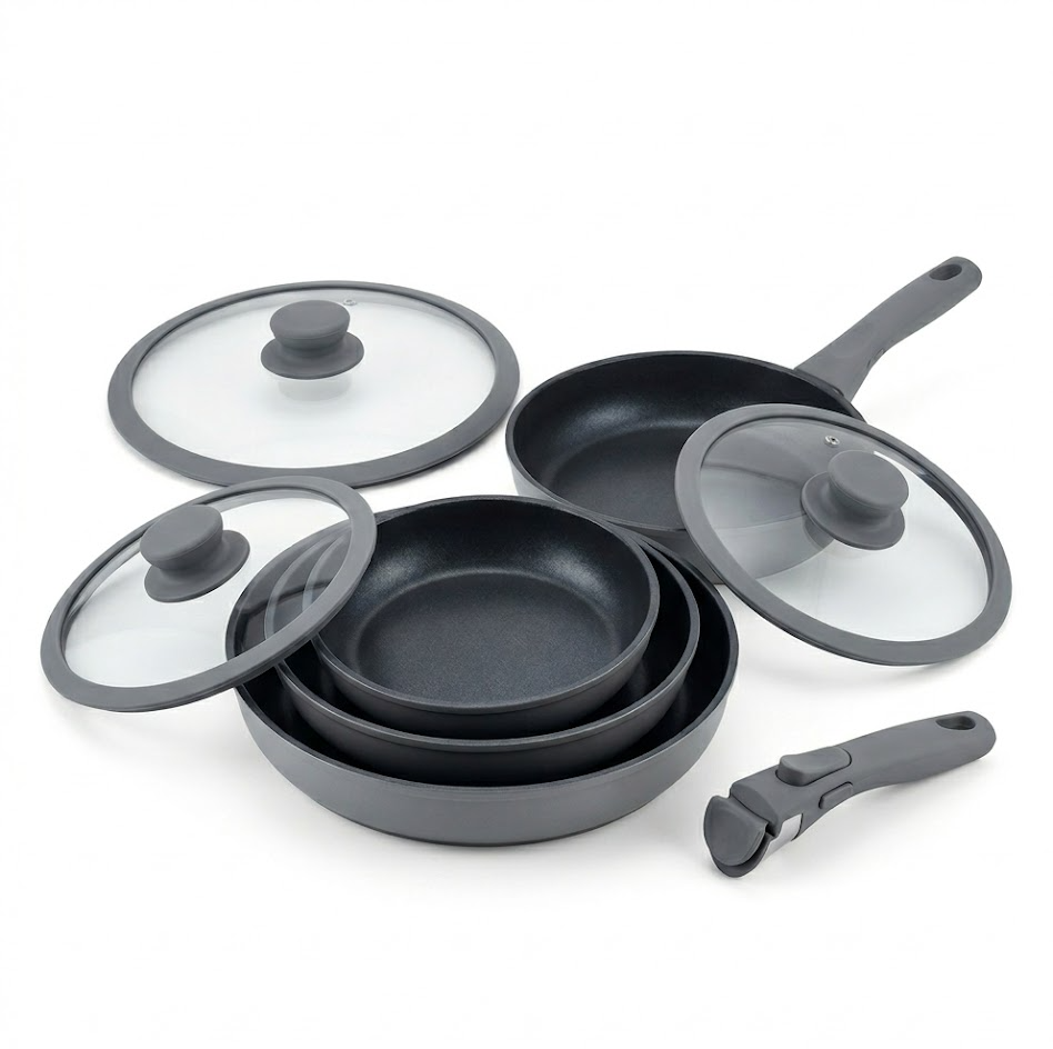 Hsgsvshsvshsv-Pfannenset mit abnehmbarem Griff, 7-teilig, Induktionspfannen 20/24/28 cm, Antihaft-Bratpfannen platzsparend, für alle Herdarten, spülmaschinen- & ofenfest, Grau
