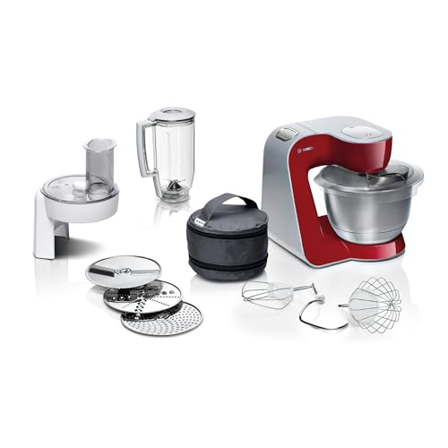 Bosch Küchenmaschine Serie 4 MUM58720,Edelstahl Schüssel 3,9 L, Mixer 1,25 L, Planetenrührwerk,Knethaken,Schlag,Rührbesen, Durchlaufschnitzler, 3 Scheiben, 1000 W, Dunkelrot/Silber