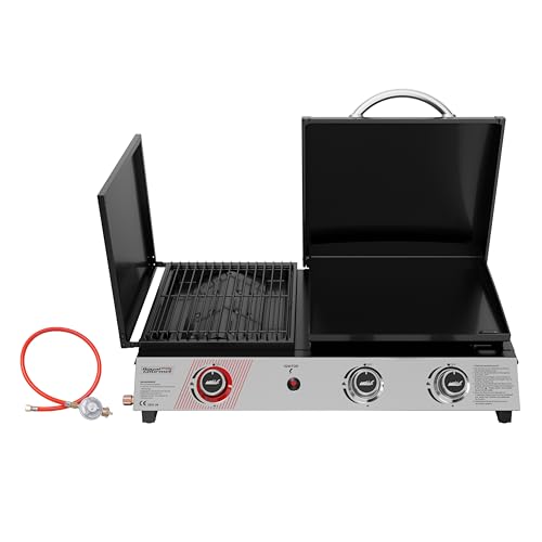Royal Gourmet 3 Brenner Gasgrill, 3 in 1 Tischgrill mit Grillen, Braten, Kochen, Campinggrill mit Klappbare Seitenablage, Tragbarer Picknickgrill mit 8,5 kW Schwarz : Garten