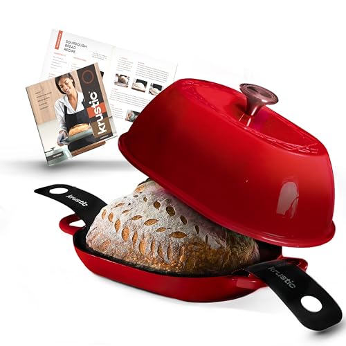 Krustic Schmortopf aus emailliertem Gusseisen für professionelles Sauerteigbrot backen, ovaler Kochtopf mit Deckel, dreilagige Emaille Beschichtung, Antihaft Silikonmatte, Rot