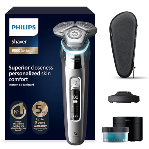 Philips Shaver S9000, elektrischer Nass  und Trockenrasierer, Lift &amp; Cut Rasiersystem und SkinIQ Technologie, ausklappbarem Trimmer, Reinigungsstation, Ladestation, Reiseetui, Chromsilber, S9975/54 : Drogerie &amp; Körperpflege