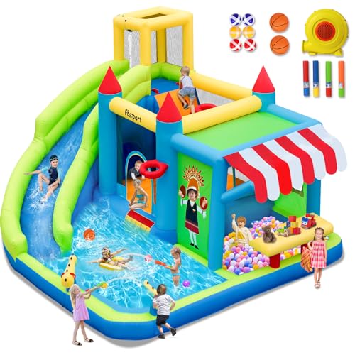 FBSPORT hüpfburg Outdoor mit gebläse hüpfburgen Kinder aufblasbare hüpfburg draußen XXL Outdoor für Erwachsene groß hüpfburg mit rutsche geeignet für Kinder 424 ×388 ×238 cm grün : Spielzeug