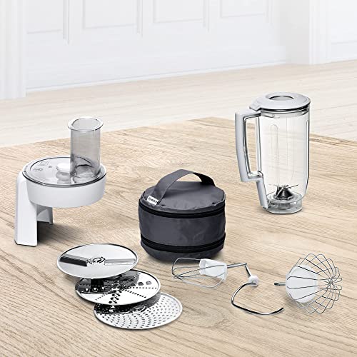 Bosch Küchenmaschine Serie 4 MUM58720,Edelstahl Schüssel 3,9 L, Mixer 1,25 L, Planetenrührwerk,Knethaken,Schlag,Rührbesen, Durchlaufschnitzler, 3 Scheiben, 1000 W, Dunkelrot/Silber