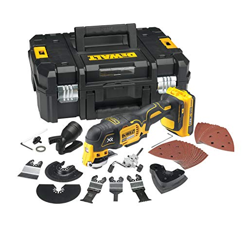 DEWALT Multi Tool/ Multifunktionswerkzeug (18 Volt, 2,0 Ah Akku, bürstenlos, LED Arbeitslampe, Airlock System, inkl. 35 teiliges Zubehör Set, 2 Akkus, Schnell Ladegerät und TSTAK Box II) DCS355D2 : Baumarkt