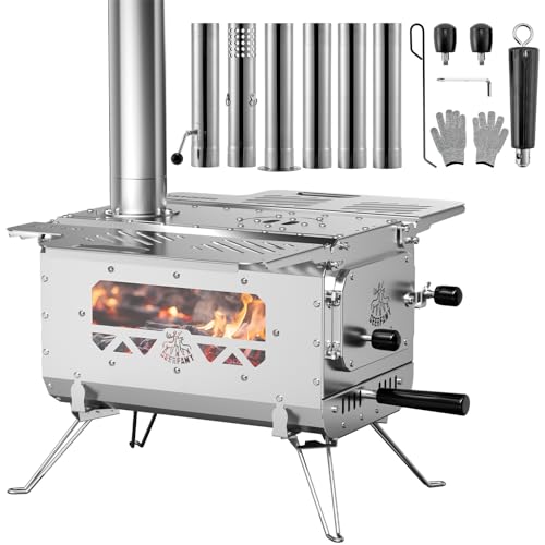 DEERFAMY Zeltofen, tragbarer Edelstahl Gartenofen, Holzofen mit klappbaren Beinen, kleiner Campingkocher mit 6 Schornsteinrohren zum Heizen und Kochen für Garten, Camping, Outdoor, Zelt : Garten