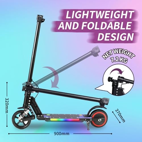 KHHK Elektroroller für Kinder von 6 14 Jahren, Faltbarer E Scooter mit 130W Motor, max. Geschwindigkeit 14 km/h, Reichweite 5 8 km, doppelte Stoßdämpfer, doppeltes Sicherheitsbremssystem (Schwarz) : Sport &amp; Freizeit