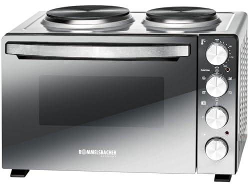 ROMMELSBACHER KLEINKÜCHE KM 3300 2 Gussheizplatten, 30 Liter Backraum, Oberhitze, Unterhitze, Umluft, Drehspieß, 3 Einschubebenen, Doppelverglasung, Spiegelglas Front, 3250 Watt, silber/schwarz